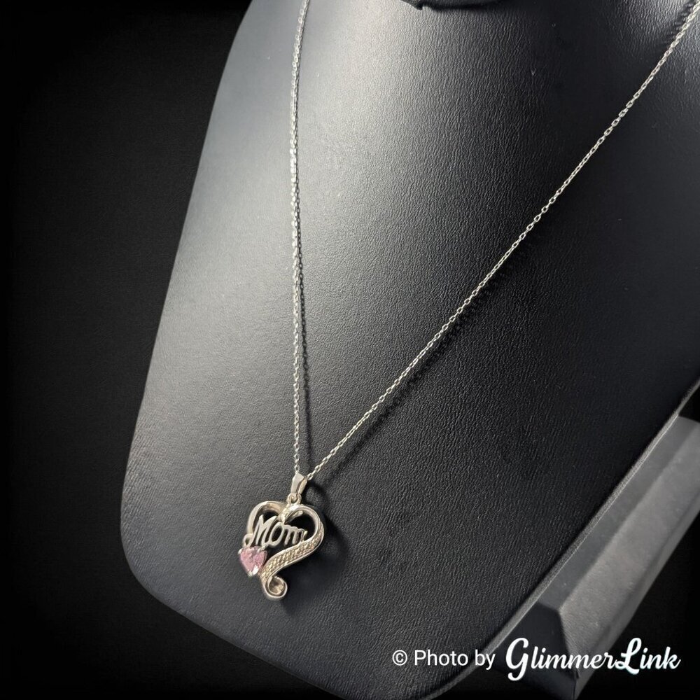 Dainty Pink CZ Mom Heart October Birthstone 925 Sterling Silver Pendant Necklace - Picture 5 of 12